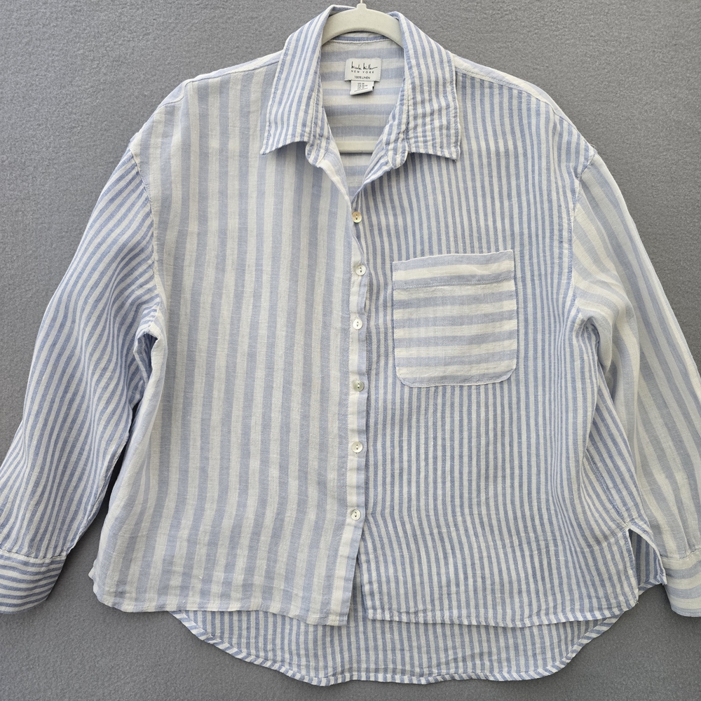 Nicole Miller Blue and White Striped Linen Shirt Women's Medium
